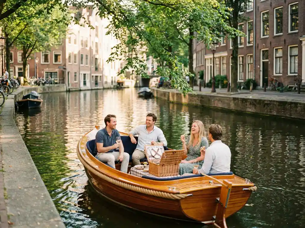 Vrienden lachen met wijnglazen op een elektrische sloep in een Amsterdams gracht, historische grachtenpanden op de achtergrond.