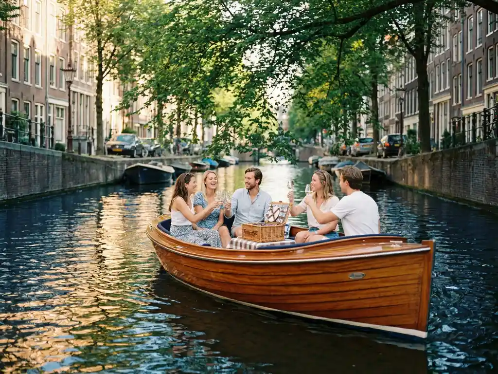 Elektrische sloep met vrienden en wijnglazen op een zonnig Amsterdams gracht, omgeven door historische grachtenpanden en groene bomen.