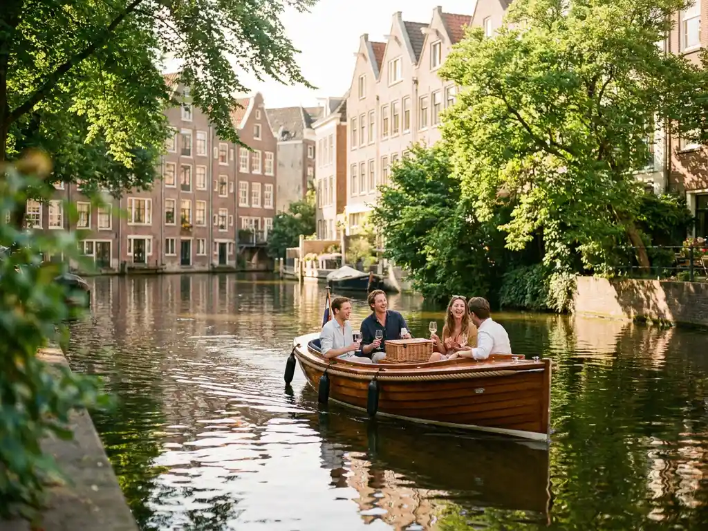 Elektrische sloep met vrienden en picknickspullen op een zonnig Amsterdams gracht, omgeven door groene bomen en historische gevels.