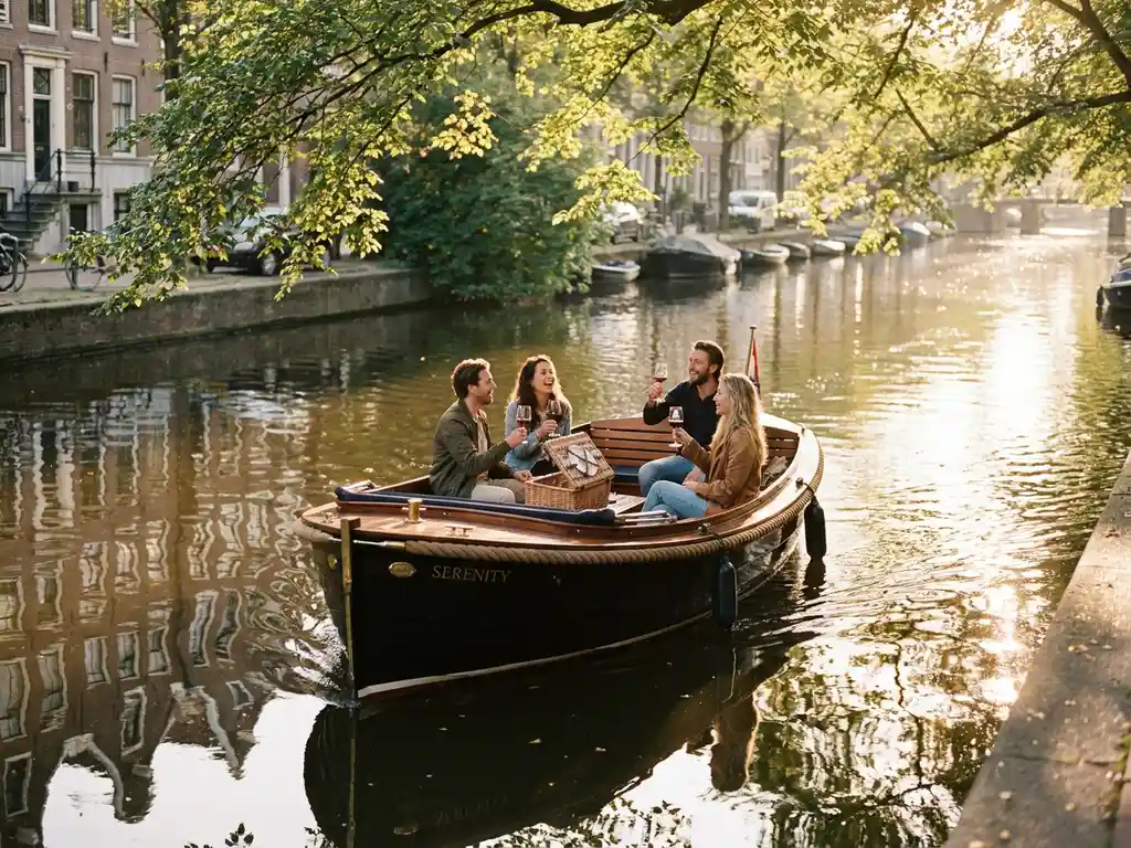 Vrienden lachen met wijnglazen op een elektrische sloep in een Amsterdamse gracht, omgeven door groene bomen en historische grachtenpanden.