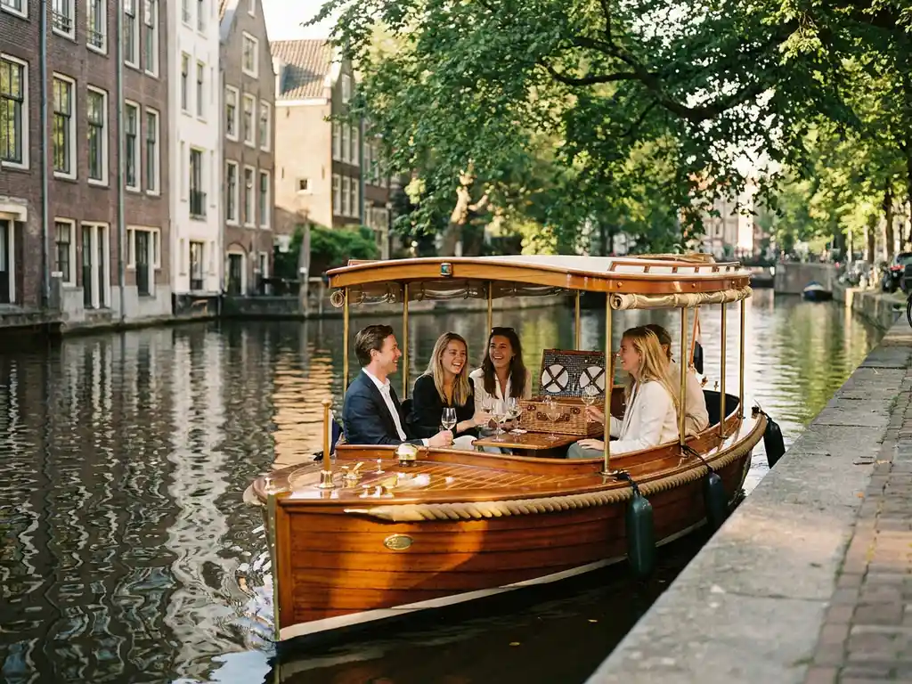 Elektrische sloep met vrienden, wijnglazen en picknickmand op een Amsterdamse gracht, omgeven door bomen en historische gevels.