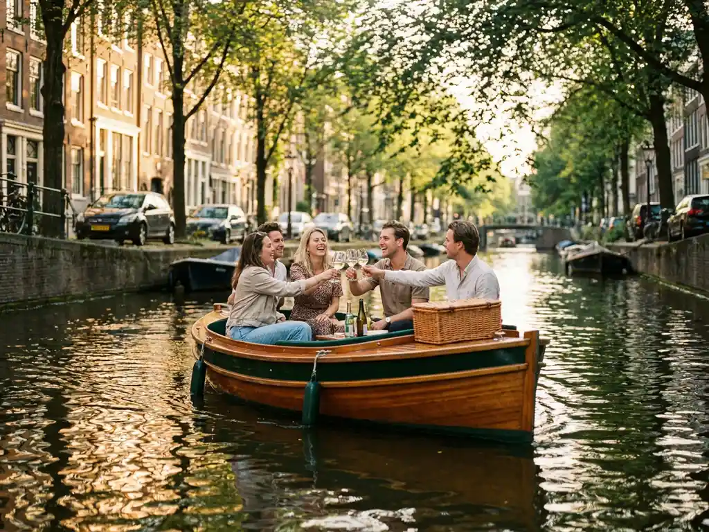 Vrienden proosten met wijnglazen op een elektrische sloep in Amsterdamse gracht, historische gevels en bomen weerspiegeld in goudkleurig water.