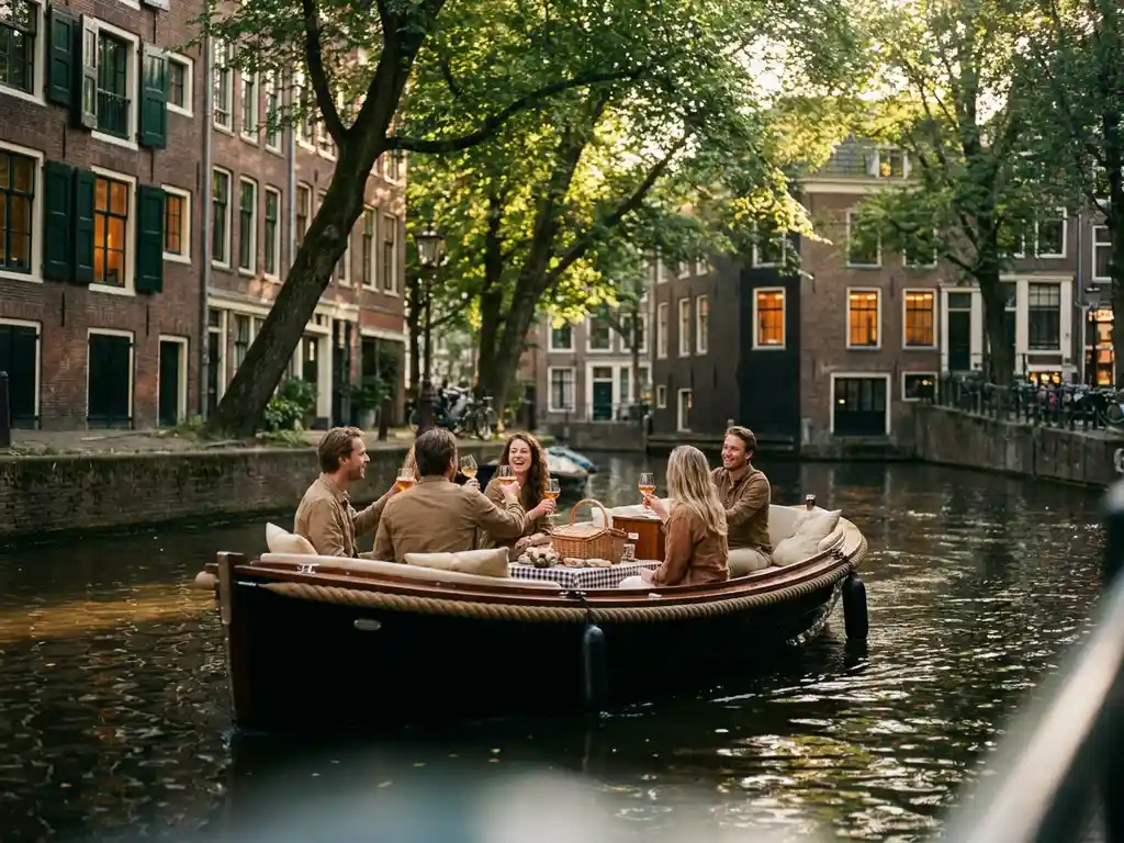 Vrienden lachen met wijnglazen op een elektrische sloep in Amsterdamse gracht, omgeven door historische grachtenpanden en overhangende bomen in gouden avondlicht.