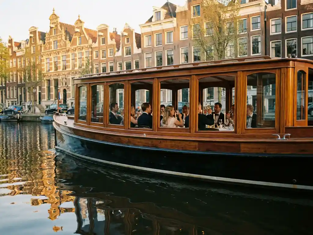 Historische gedekte Amsterdamse tjalk uit 1910 vaart langs gouden grachtenpanden, gasten dineren bij kaarslicht in de glanzende irokohout salon.