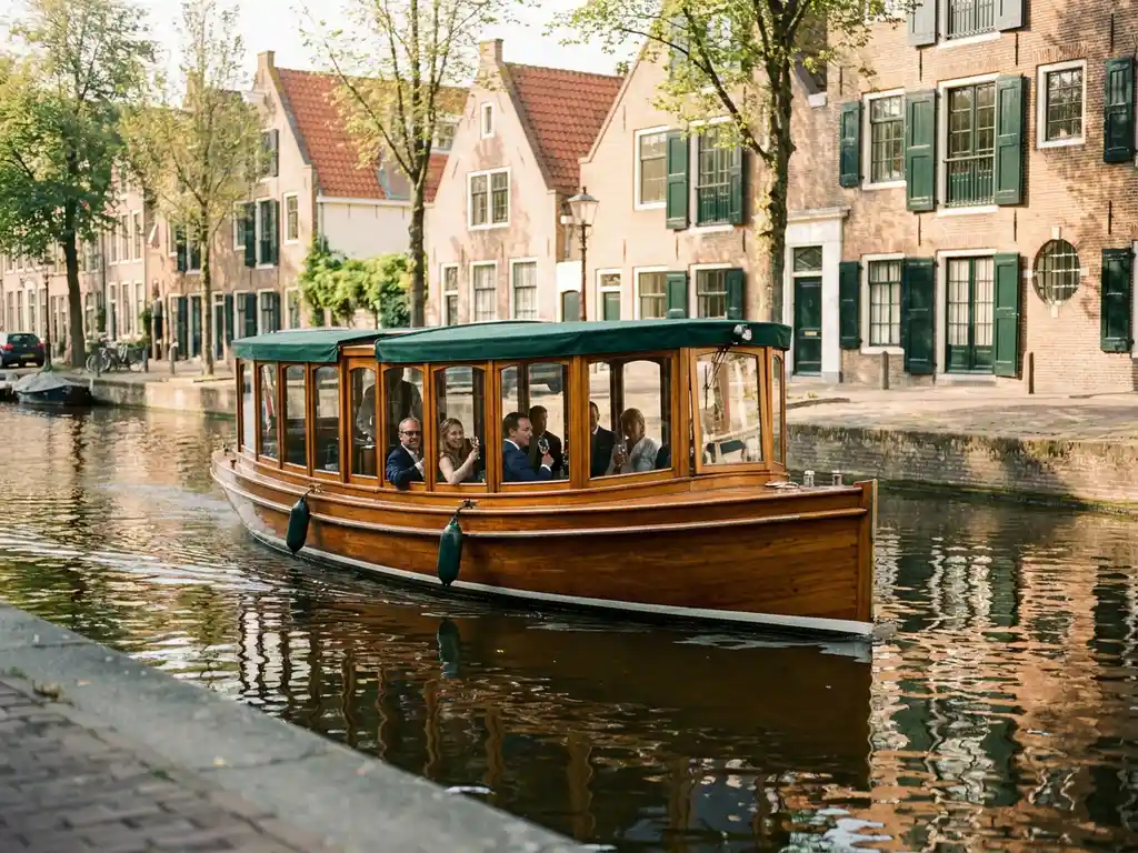 Historische gedekte salon tjalk uit 1910 vaart door Amsterdamse grachten, met glanzend irokohout en grachtenpanden op de achtergrond.