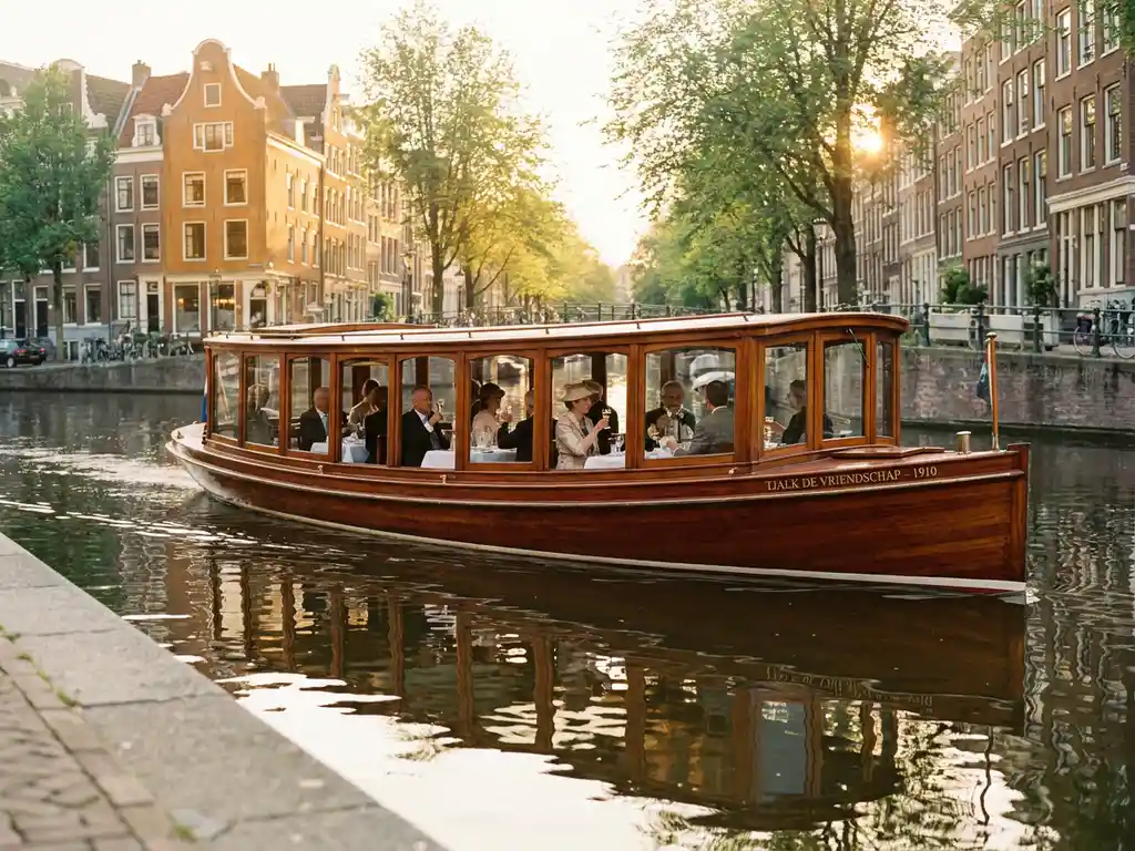 Historische gedekte salon tjalk uit 1910 vaart door Amsterdamse grachten bij gouden uurstemming, met glanzende irokohout romp en sierlijke glas-in-loodramen.