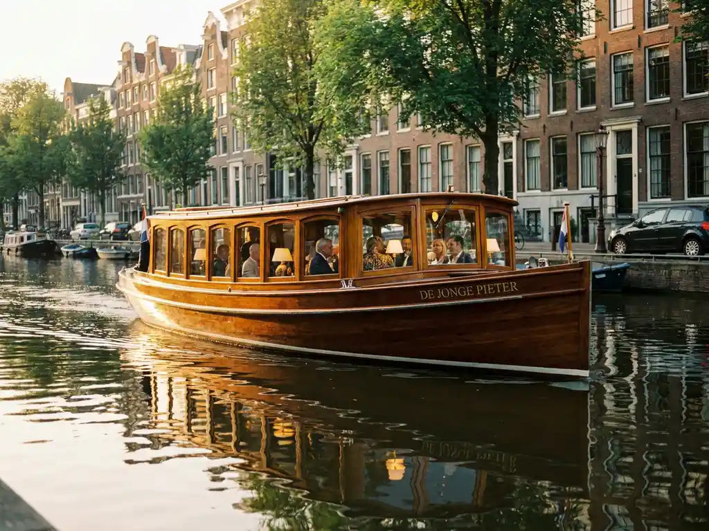 Historische salon tjalk uit 1910 vaart door Amsterdamse grachten, gepolijst iroko hout glanst in gouden middaglicht.