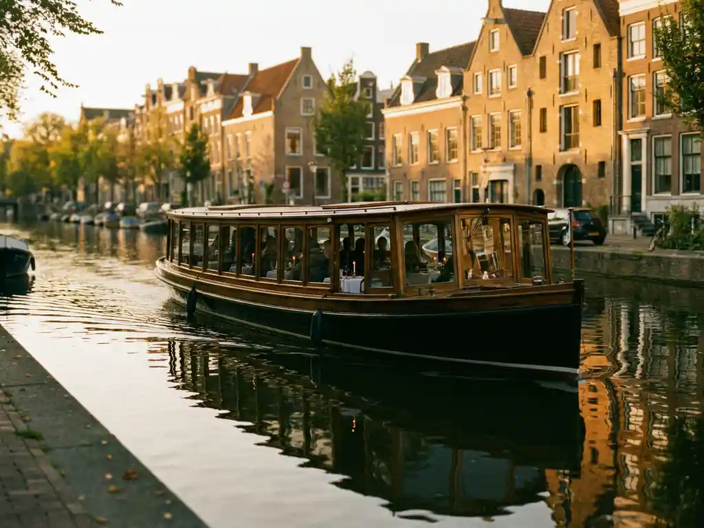 Historische gedekte salon tjalk uit 1910 vaart door Amsterdamse grachten, gasten dineren bij kaarslicht, gouden gevels spiegelen in het water.