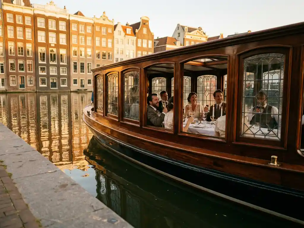Historische gedekte tjalk uit 1910 vaart door Amsterdamse grachten bij gouden-uurlicht, gasten dineren zichtbaar achter glazen salonramen.