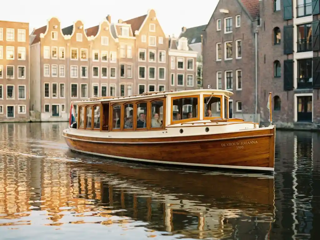 Klassieke salon tjalk uit 1910 vaart door Amsterdamse grachten, met glanzende irokohout romp en historische gevelhuizen in spiegelend water.