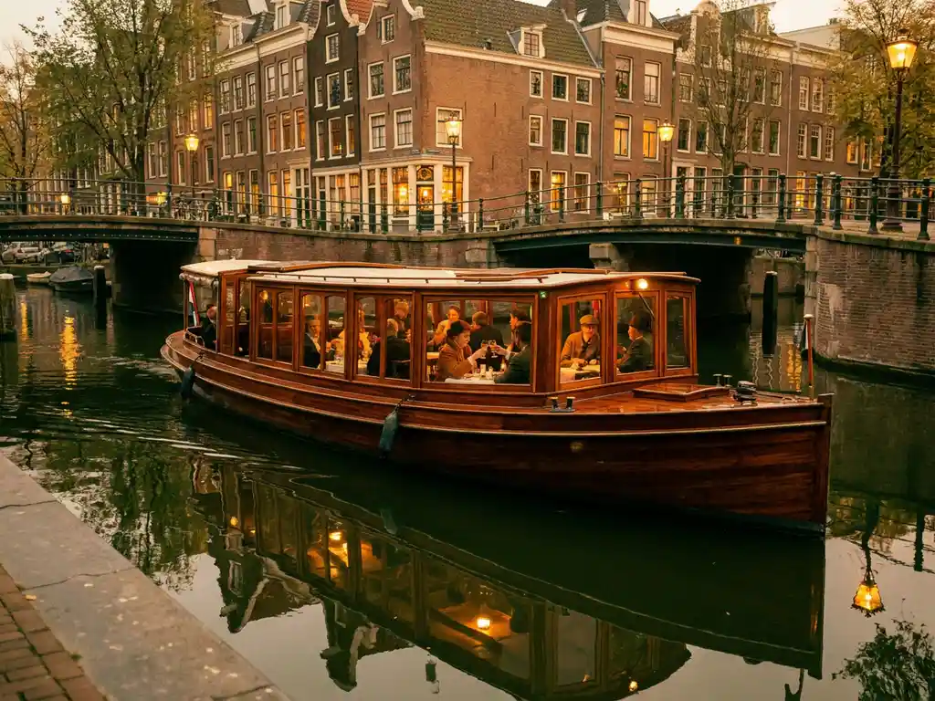 Historische gedekte salon tjalk uit 1910 vaart door Amsterdamse grachten bij gouden uurstemming, met glanzend iroko hout en gasten die dineren aan boord.