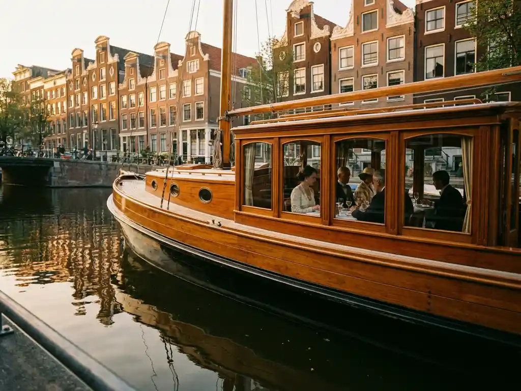 Historisch Dutch salon tjalk uit 1910 vaart door Amsterdamse grachten, met glanzend irokohout en gasten die dineren bij gouden uur.