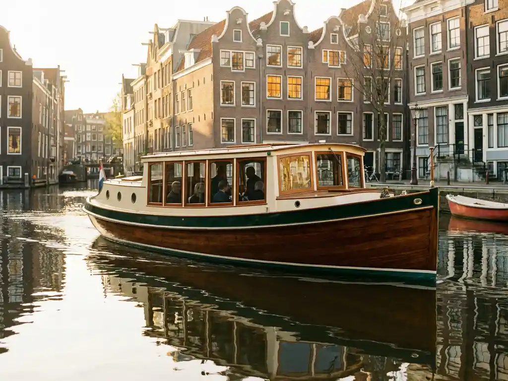 Historische salon tjalk uit 1910 vaart door Amsterdamse grachten, glanzende iroko houten romp, gasten zichtbaar achter ramen, gouden avondlicht.