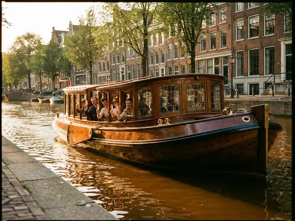 Historische gedekte salon tjalk uit 1910 vaart door Amsterdamse grachten, met glanzend irokohout en gasten met champagne achter de ramen.
