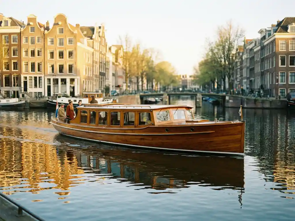 Klassieke houten salonboot vaart door zonnig Amsterdams grachtenkanaal, omgeven door gouden grachtenpanden in het avondlicht.