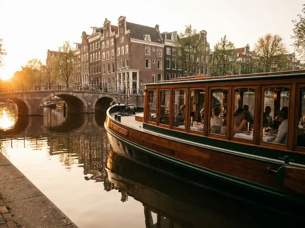 Historische gedekte salon tjalk uit 1910 vaart door Amsterdamse grachten, met glanzend irokohout en dinerende gasten bij gouden avondlicht.