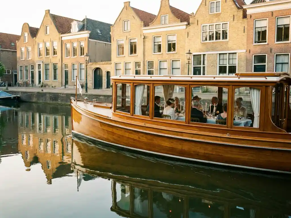 Historisch gedekte salon tjalk uit 1910 vaart door Amsterdamse grachten, met glanzend irokohout en gouden grachtenpanden in spiegelend water.
