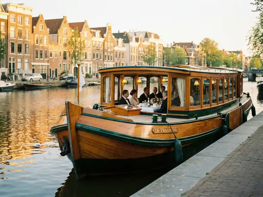 Historische gedekte salon tjalk uit 1910 vaart door Amsterdamse grachten bij gouden avondlicht, met glanzend irokohout en elegante gasten binnen.