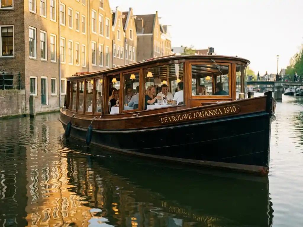 Historische gedekte salon tjalk uit 1910 vaart door Amsterdamse grachten, gasten dineren zichtbaar achter glazen ramen, gouden gevels weerspiegeld in het water.