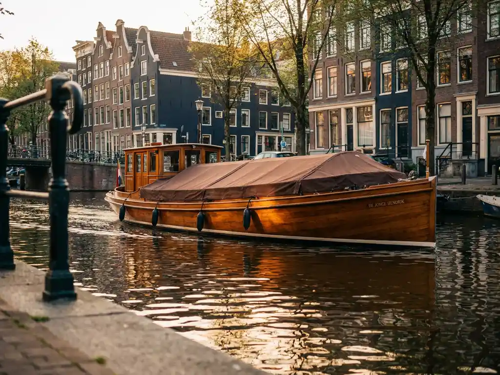 Historische gedekte salon tjalk uit 1910 vaart door Amsterdamse gracht bij gouden uur, met glanzende iroko houten romp.