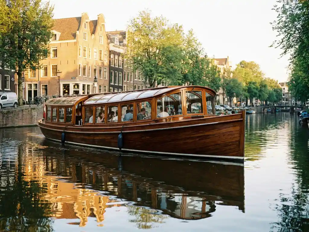 Historische gedekte salon tjalk uit 1910 vaart door Amsterdamse grachten, met glanzende iroko romp en etende gasten zichtbaar door salon ramen.