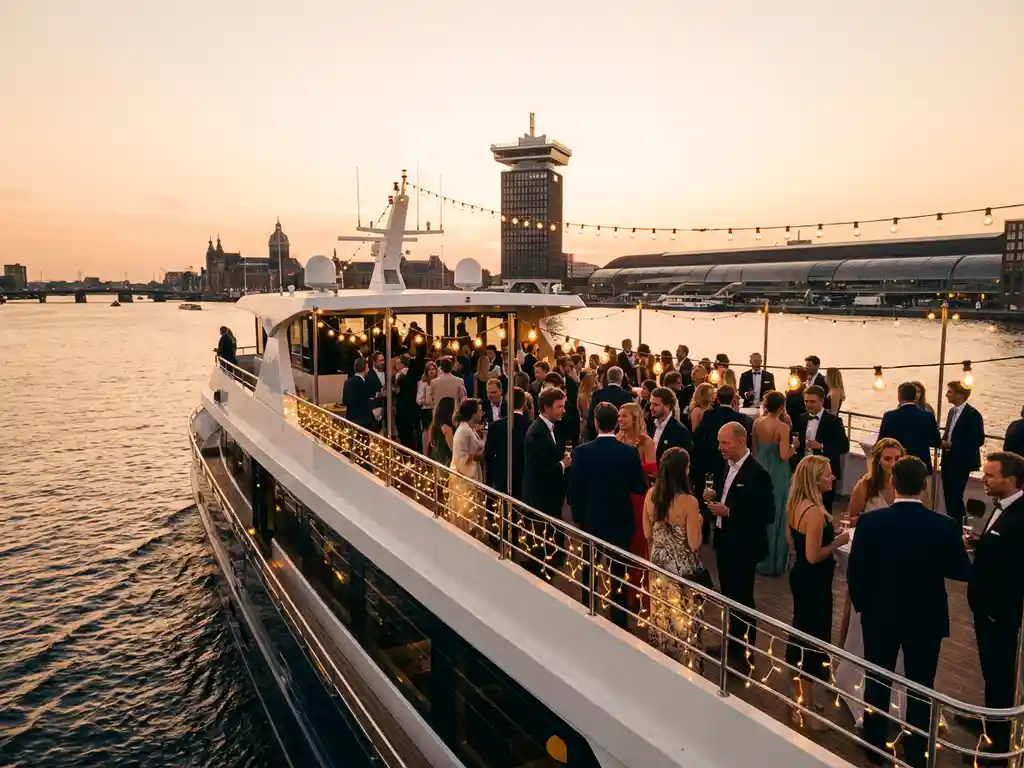 Luxe evenementenboot op het IJ in Amsterdam met feestende gasten op het open dek, A'DAM Tower en Centraal Station op de achtergrond tijdens het gouden uur.