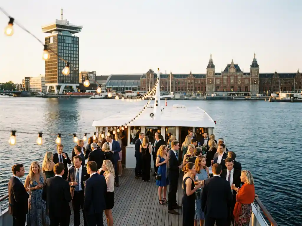 Luxe evenementenboot vol elegant geklede gasten op het bovendek, varend over het IJ in Amsterdam met de A'DAM Toren op de achtergrond.