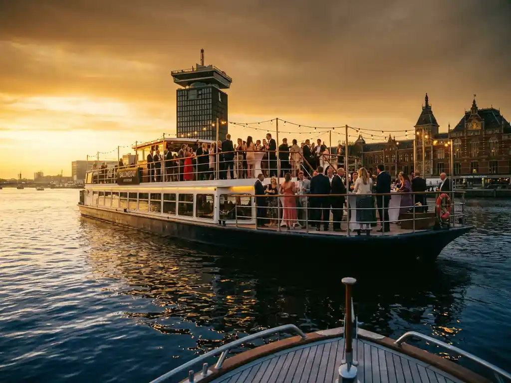 Luxe evenementenboot op het IJ in Amsterdam met gasten op het open dek, A'DAM Toren en Centraal Station op de achtergrond bij gouden uur.
