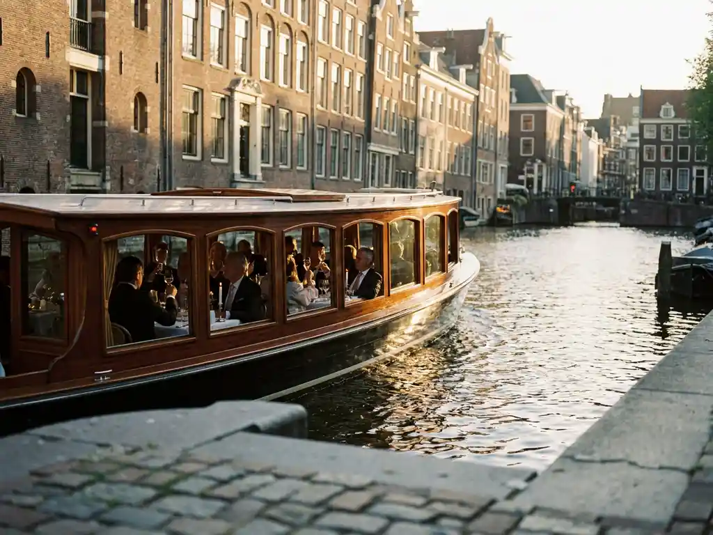 Luxe salonboot met gepolijste irokohout romp vaart door Amsterdamse grachten langs gouden trapgevels tijdens het gouden uur.