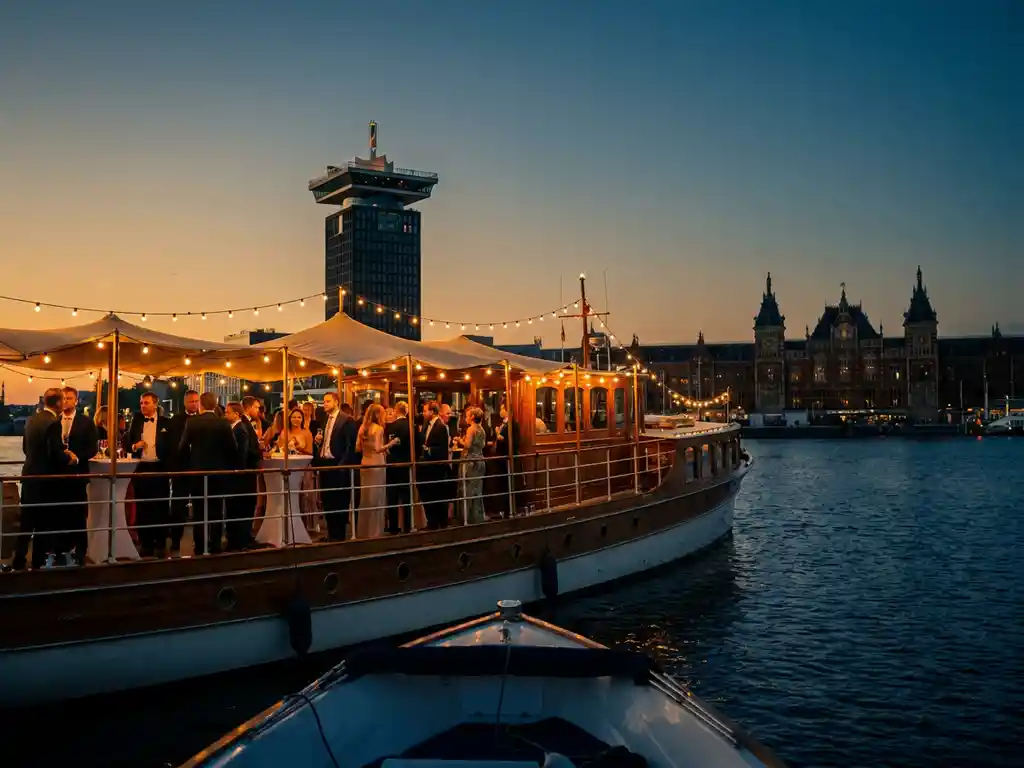 Luxe evenementenboot op het IJ in Amsterdam met gasten op het bovendek, A'DAM Tower en Centraal Station op de achtergrond.